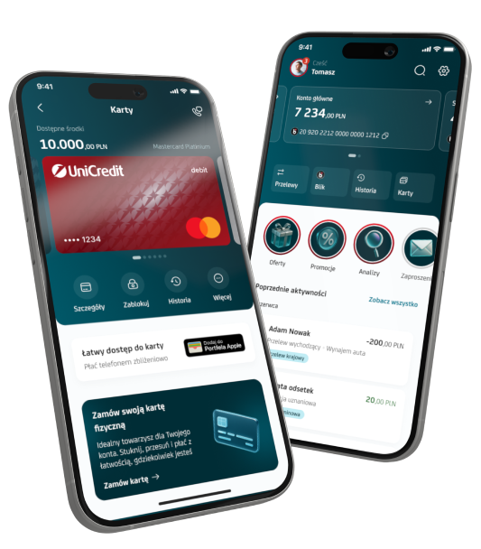 Ekrany telefonów z otwartą aplikacją UniCredit.